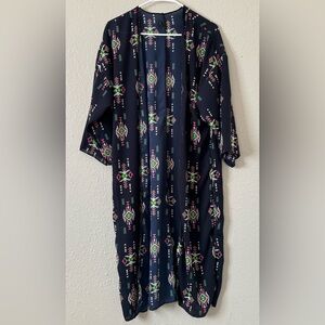 W SzS Blue Shear Indigo Aztec Long Kimono Duster Boho Hippie Western  Geometric